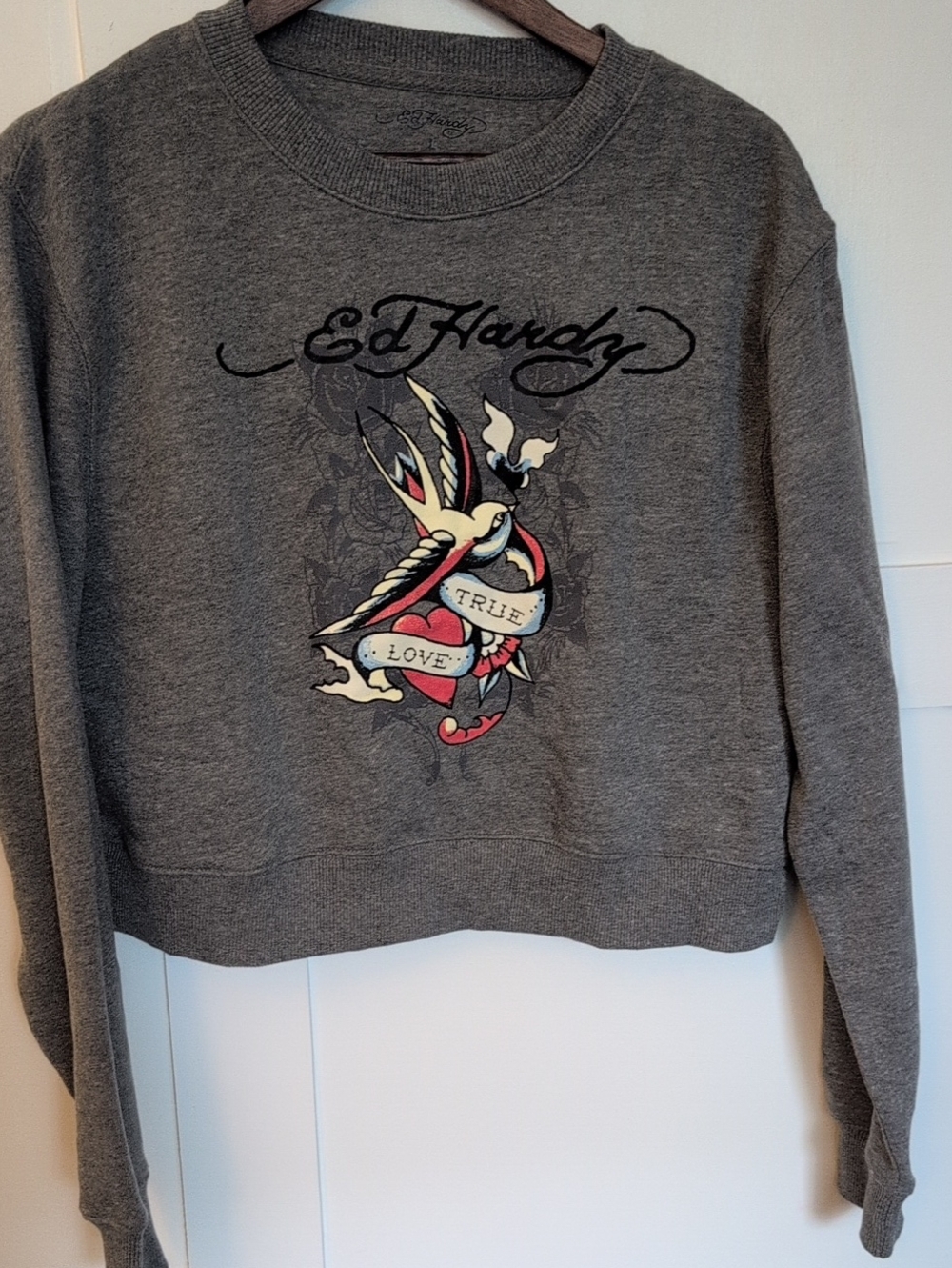 Ed Hardy Gray Crewneck Sweater with Red, Cream, Black & Blue Graphic